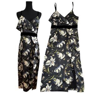 Cinq à Sept Leena Silk Floral Midi Dress Sleeveless Velvet Trim Slit Size 8